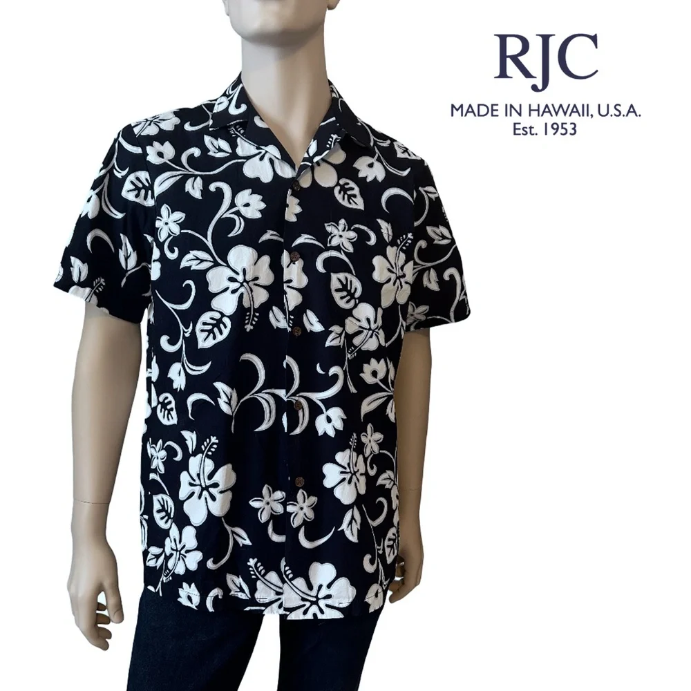 RJC Hawaiian 100% Cotton Camp Shirt Tiki Tropical Aloha Hibiscus Hawaii USA NWOT - Picture 10 of 12